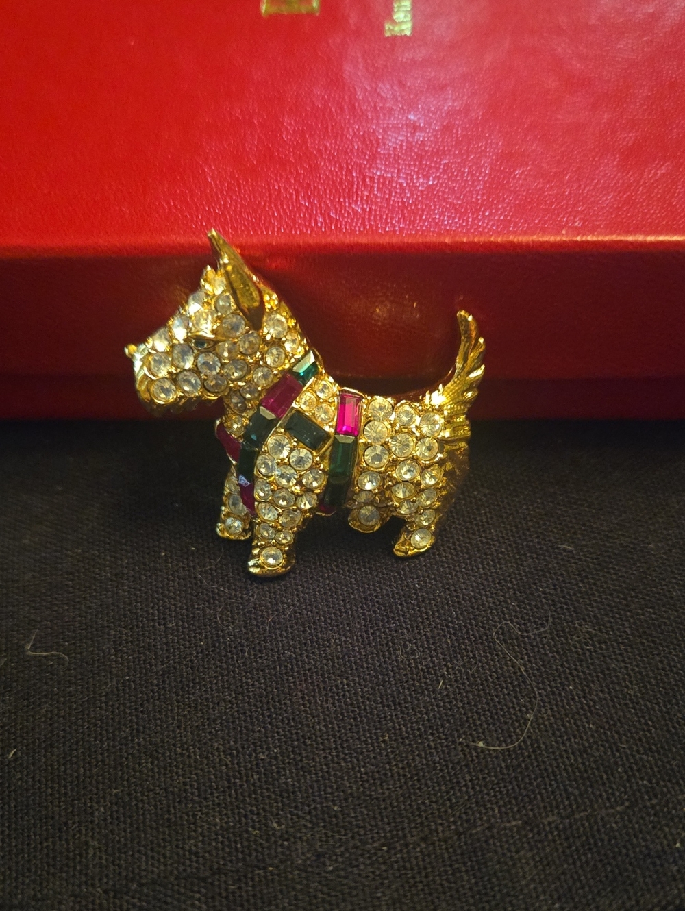 Kenneth Jay Lane. Gold Crystal Scottie Dog Brooch with Green and Red Accents